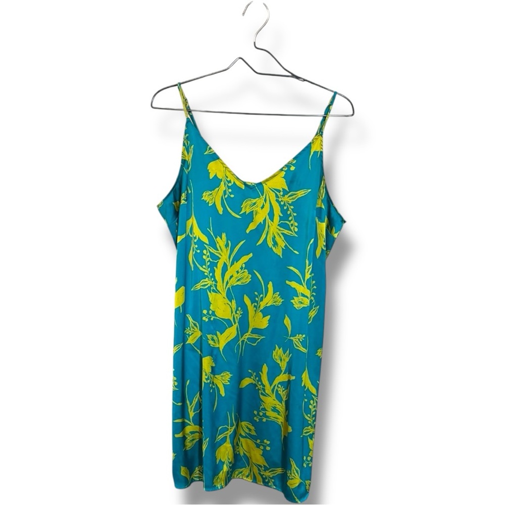 Stars Above Teal/Yellow Silky Floral Tropical Print Sleeveless Mini Slip Dress - Picture 13 of 16